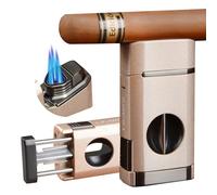 CIGAROL Briquet Tempête avec Coupe-Cigare en V, 3 Flammes - sans Gaz Butane, Cadeaux pour Hommes (Or)