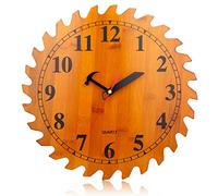 CIGERA Horloge murale en bambou de 30,5 cm avec cadran de lame de scie circulaire, scie à main et pointeur à marteau, excellente décoration pour la maison, l'atelier et la grotte