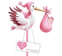 Cigogne à clapette pour naissance bébé - 81 cm de haut - Grande cigogne mignonne en bois pour bébé - Imprimé des deux côtés - Cigogne de naissance avec bâton en bois + plaque nominative - Carte de