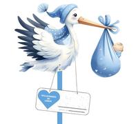 Cigogne à clapette pour naissance bébé - 81 cm de haut - Grande cigogne mignonne en bois pour bébé - Imprimé des deux côtés - Cigogne de naissance avec bâton en bois + plaque nominative - Carte de