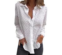 Cihdmfb Chemisier Femme Vintage Uni Ajouré Chemise Grandes Tailles Été Col V Revers Chemise Manches Longues Chemisier Décontracté Boutonnée Chemise Légère et Aérée Chemisier Ample Chemises, Blanc