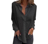 Cihdmfb Chemisier vintage uni pour femme - Grandes tailles - Col en V - Revers - Manches longues - Décontracté - Boutonné - Léger et aéré, Noir , 5XL