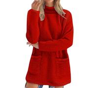 Cihdmfb Pull en polaire pour femme - Pull d'hiver chaud - Sans capuche - Décontracté - Manches longues - Polaire - Moelleux - Pull en peluche - Pull ample à manches longues - Avec poches, a-rouge, L