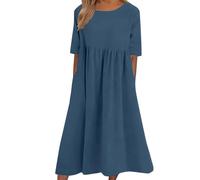 Cihdmfb Robe d'été élégante pour femme - Couleur unie - Col rond - Manches courtes - Robe de plage - Taille haute - Lignes A - Robe longue - Robe portefeuille - Robe décontractée avec ceinture, Marine