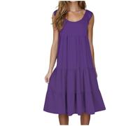 Cihdmfb Robe d'été femme grandes tailles col en U plissée robes de plage élégante couleur unie coupe A étagée robe midi décontractée ample sans manches robe chemise robes décontractées, a violet, L