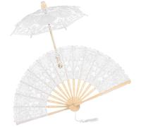 Ciieeo 1 Ensemble Parasol Dentelle Blanche pour Mariage Accessoire Élégant avec Éventail Décoration Photographique Vintage et Romantique de Manche de Diamètre