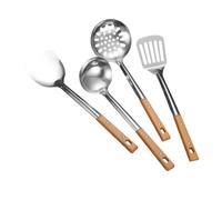 Ciieeo 4 Pièces Set Ustensiles de Cuisine avec Manche Bois Ergonomique pour Wok Louche Cuillère à Spatule et Écumoire Outils Polyvalents Résistants Chaleur pour Maison et Restaurant