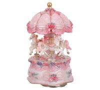 Ciieeo Boîte à Musique Carrousel Rotative Vintage 3 Chevaux avec Lumière LED Rose en Résine, Manège Musical Décoratif pour Chambre et Fête, Boîte à Musique à Remontoir pour Adultes