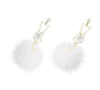 Ciieeo Boucles D’Oreilles Pendantes Chat Pompon Blanc, Aiguille en Argenté S925, Boucles D’Oreilles D’Automne ’Hiver pour Femmes et Filles, Bijou Fantaisie Long, 1 Paire