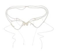 Ciieeo Chaîne de Taille Multicouche en Perles Blanches Ajustable pour Femme Ceinture Bohème Élégante pour Soirée et Mariage Bijou de Corps Léger Pendentif Pompon