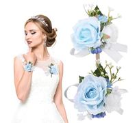 Ciieeo Ensemble Ornement et Bracelet de Poignet en Rose Artificielle, Broche Fleur Décorative pour Mariage et Bal de Promo, Accessoire Léger Élastique Ajustable, Couleur Rose Délicate