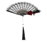 Ciieeo Éventail Pliant Vintage Noir Dentelle avec Rose Européenne et Plumes Éventail Portable Élégant pour Mariage et Photos