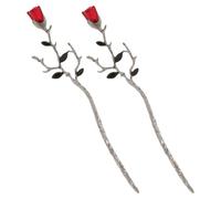 Ciieeo Lot de 2 Épingles à Cheveux Style Chinois Baguettes à Cheveux Rouges Motif Rose Accessoires Chignons pour Évenements Spéciaux Matériau Solide