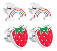 Ciieeo Lot de 2 set de Paires de Boucles d'Oreilles Garçon et Filles Hypoallergéniques à Dos Plat Motifs Fraise et Arc-en-Ciel Colorés Petites Boucles d'Oreilles pour Filles