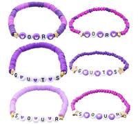 Ciieeo Lot de 6 Bracelets en Argile Douce Violette Lettres Délicates et Motifs Cœurs, Extensibles et Résistants, pour Filles et Femmes la Mode