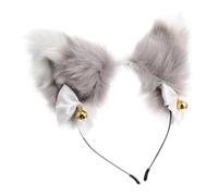 Ciieeo Serrage-tête Oreilles de Renard en Crin D'animal Gris Clair et Blanc, Bandeau Cosplay Mignon avec Clochette Dorée, Accessoire de Fête pour Femmes et Filles, Halloween et
