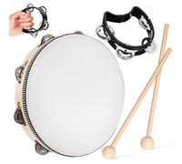 Ciieeo Tambourin pour Adultes 25 CM avec 4 Clochettes Noires 2 Baguettes en Bois Naturel Instrument de Percussion à Main pour Cours de Musique et Performances