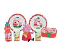 Lot vaisselle - FUN HOUSE - PEPPA PIG - 2 assiettes creuses Ø 22 cm, 2 verres 220 ml, gourde 350 ml, boîte à goûter et peluche 17 cm