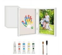 Cikiki Kit d'empreintes de main de famille, 25,4 x 17,8 cm, cadre photo en bois fait à la main, 5 couleurs de peinture, cadre pliable en bois pour nouveaux parents, fête des pères, fête des mères