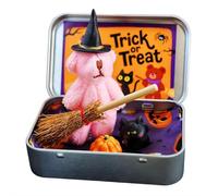 Cikiki Ours d'Halloween dans une boîte pour tours ou friandises, petit ours de sorcière fait à la main dans une boîte, mini ours de sorcière en peluche pour Halloween, jouets de fête, cadeaux