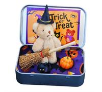 Cikiki Ours d'Halloween dans une boîte pour tours ou friandises, petit ours de sorcière fait à la main dans une boîte, mini ours de sorcière en peluche pour Halloween, jouets de fête, cadeaux