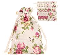 Cikonielf 50 pièces Sac de Toile de Jute Motif Fleur à Cordon 14x9.5 cm/5.5x3.7 Pouces Mini Pochette à Bijoux légère pour Mariage fête Naissance et Bricolage Artisanat