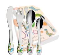 cilio DINO Ménagère 4 pièces en acier inoxydable de forme ergonomique avec couteau enfant 21 cm fourchette 21 cm cuillère enfant 20 cm petite cuillère 17 cm gravure
