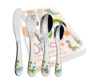 cilio DINO Ménagère 4 pièces en acier inoxydable de forme ergonomique avec couteau enfant 21 cm fourchette 21 cm cuillère enfant 20 cm petite cuillère 17 cm gravure