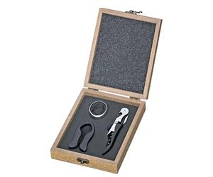 cilio LOMBARDIA Coffret cadeau 4 pièces avec tire-bouchon, bec verseur, coupe-capsule, thermomètre, boîte en bois