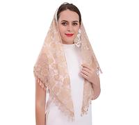 Cilkus Voile en dentelle triangle Mantilla voile châle ou écharpe latine masse couverture de tête avec dentelle à franges, champagne, Medium