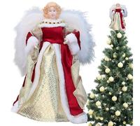 Cimier de Sapin de Noël Ange 11, 8 Pouces Cimier Sapin Ange Rouge et doré avec Aile à Plumes pour décoration Maison Vacances Noël