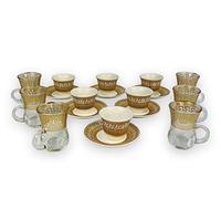 Cinar Service à café 18 pièces pour 6 personnes Medusa Mäander Gold Mugs à expresso tasses à moka et verres à thé avec soucoupe de luxe 100 ml dans une boîte cadeau