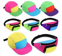 Cindeer 8 Pièces de Sac Banane Néon et Chapeau Néon pour Femme Homme Sac Banane Rétro Chapeau Fluo pour Accessoires de Fête Costume des Années 90 Tenue de Soirée à Thème des Années 80 Fête Halloween