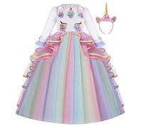 CinheyU Filles Déguisement Licorne Robe en Manches Longues Canaval Costume de Cérémonie Anniversaire Fête Soirée Princesse Longue en Tulle Robes Bal avec Bandeau avec Bandeau