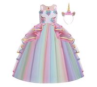 CinheyU Filles Déguisement Licorne Robe pour Noël Halloween Canaval Costume de Cérémonie Anniversaire Fête Soirée Princesse sans Manche Longue en Tulle Robes Bal + Bandeau Multicolore 6-7