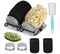 Cinnani Bocal de Germination de Graines, 2 x 1000ml Pots Mason à Large Ouverture avec Couvercles de Germination en Acier Inoxydable 304 avec Plateau, Support, Toile D'ombrage et Brosse