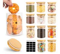 Cinnani Bocaux en Verre Lot de 12 - Rangement Cuisine Hermétique Avec Couvercle en Bois et Rondelle - Pour Céréales, Cornflakes, Sucre, Spaghetti