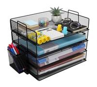 Cinnani Corbeille à courrier empilable avec porte-stylos en métal, 4 niveaux, plateaux à documents, dossiers A4, lettres, papier, plateau de rangement de bureau en métal (noir)