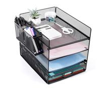 Cinnani Organiseur de Bureau, Bac à courrier à 4 niveaux avec tiroir et 2 porte-stylos, Compartiments de Rangement pour dossiers, Lettres, Papier, Plateau de Rangement de Bureau en métal