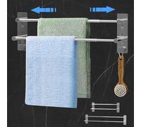 Cinnani Porte Serviette Salle de Bain, Porte Serviette en Acier Inoxydable Extensible 37-70cm, Porte Serviette Murale 2 Barres avec Crochets, Porte Serviette sans Perçage pour Salle de Bains Cuisine