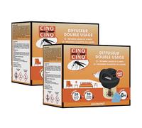 CINQ SUR CINQ | Diffuseur Électrique Anti-Moustiques Double Usage lot de 2 | Kit complet prêt à l'emploi | 4 Plaquettes 8h + 1 Recharge Liquide 50 Nuits | Protection Intérieure Jusqu’à 30 m³