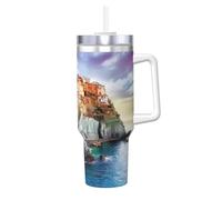 Cinque Terre - Bouteille isotherme sous vide avec paille - Motif paysage - 1,2 l - Pour café chaud et froid
