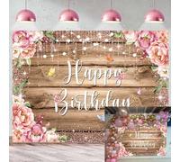 CINRAY Toile de Fond Rose Floral Joyeux Anniversaire pour Femme, 2,1 x 1,5 m, Fleur en Bois, Papillon, Fond de Photographie d'anniversaire, Fournitures de décoration de fête d'anniversaire pour Fille