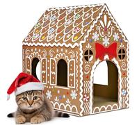 Cinrobiye Maison de Noël en carton pour chat avec griffoir, planche en pain d'épices pour animal domestique, grotte, cachette, cachette, niche, niche, niche pour petits animaux, boîte à griffer pour