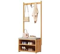 Cintre de couloir en bambou avec banc de rangement pour chaussures 4 en 1 design arbre couloir avec tringle à vêtements et crochets amovibles pour entrée couloir