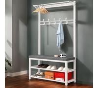 Cintre industriel et banc à chaussures avec siège en éponge rembourré, porte-manteau mural pour salon et chambre à coucher, entrée (blanc, 33 x 80 x 170 cm (l x H)