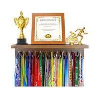 Cintres pour médailles avec étagère pour trophée de 40,6 cm pour Le Sport, la lanière et Le Support de trophées. Cadre en Bois Tout-en-Un Parfait avec 25 Crochets pour Fixation Murale
