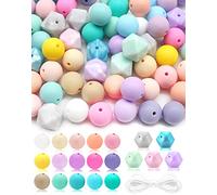 Cinvo Lot de 100 Perles Silicone de 15 mm, Rondes en Caoutchouc de 14 mm, Hexagonales avec Cordon de 5 m, Pour Bijoux (Kit Couleur Macaron)