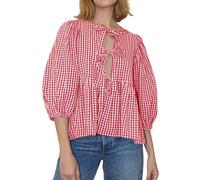 Cioatin Chemise à carreaux avec nœud papillon sur le devant pour femme - Joli chemisier à manches bouffantes Y2K - Style péplum - À volants - Chemisier à lacets - Pour les sorties d'été, écossais