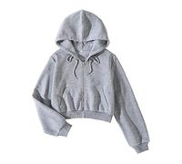Cioatin Femme Sweat à Capuche Court à Fermeture Éclair en Polaire avec Épaules Dénudées Manches Longues Sweat-shirt Actif Décontracté Gris Clair
